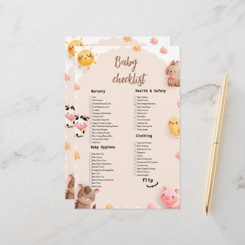 Cute Farm Animals Baby Shower Checklist