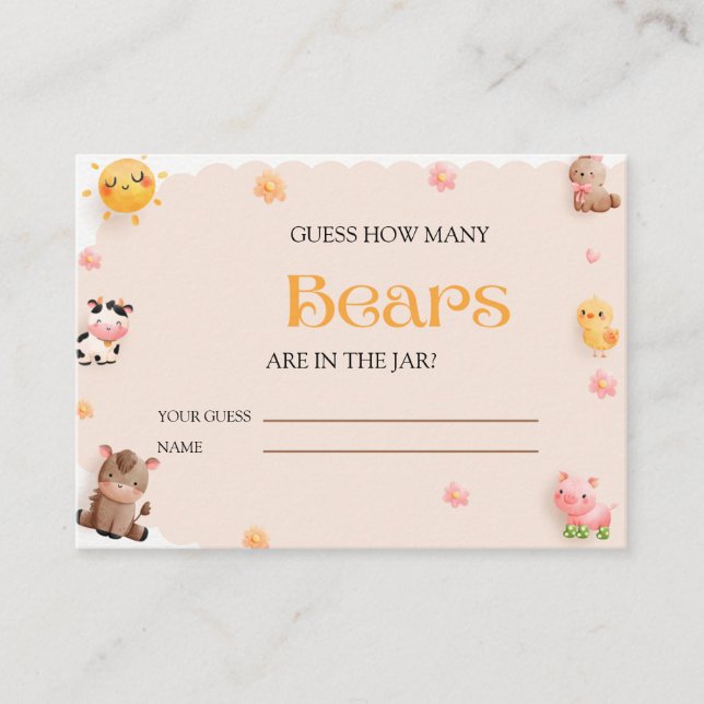 Cute Farm Animals Baby Shower Guess How Many Bears Enclosure Card (Front)