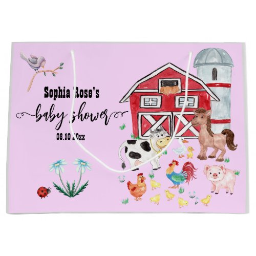 Cute Farm Animals Baby Shower Pink Large Gift Bag