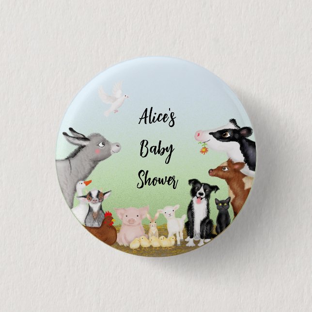 Cute farm animals baby shower round badge button (Front)