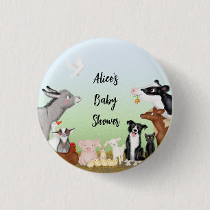 Cute farm animals baby shower round badge button