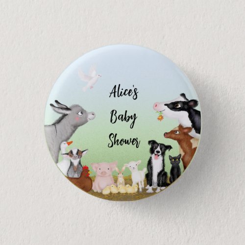 Cute farm animals baby shower round badge button