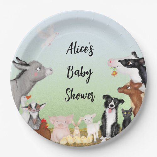 Cute farm animals baby shower round paper plate
