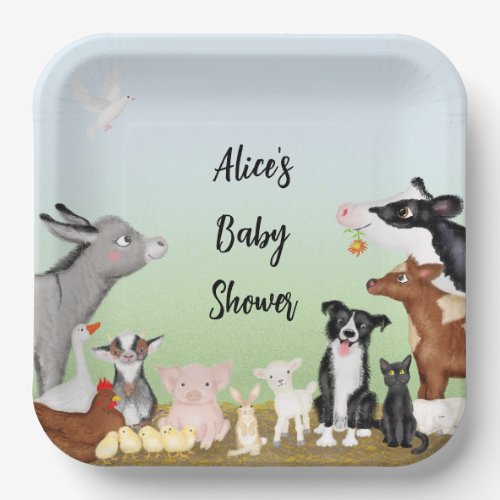 Cute farm animals baby shower square paper plate