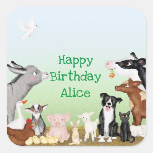 Cute farm animals baby shower square stickers