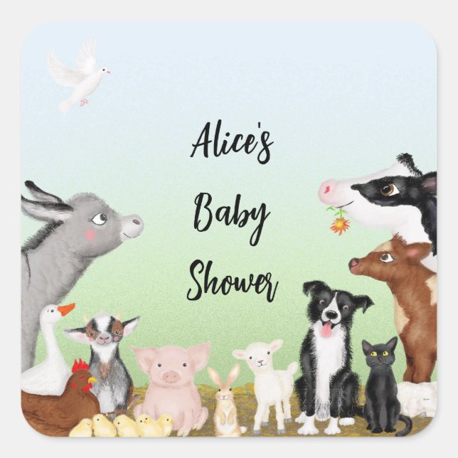 Cute farm animals baby shower square stickers (Front)