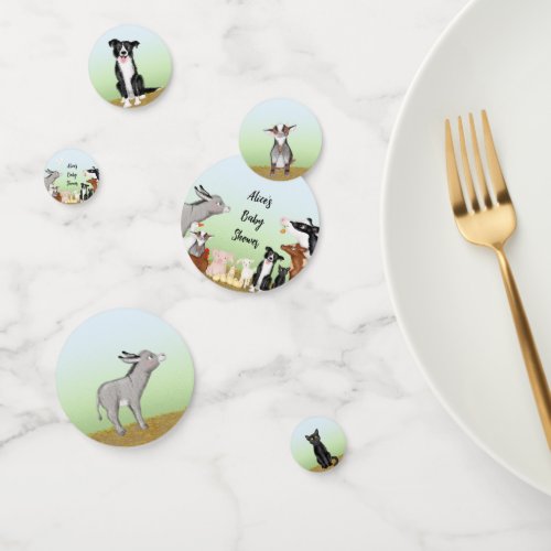 Cute farm animals baby shower table confetti