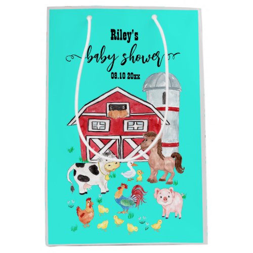 Cute Farm Animals Baby Shower Teal Medium Gift Bag