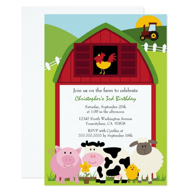 Cute Farm Animals Barn Birthday Party Invitation