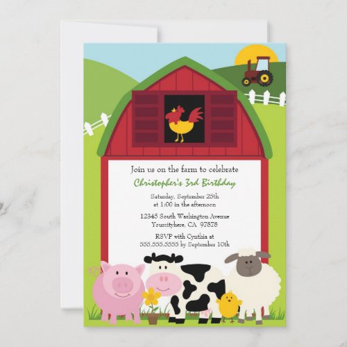 Cute farm animals barn birthday party invitation