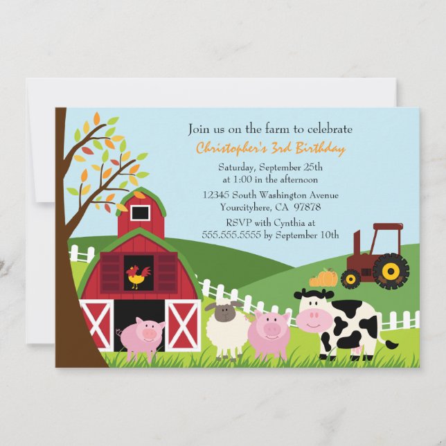 Cute farm animals barn birthday party invitation (Front)