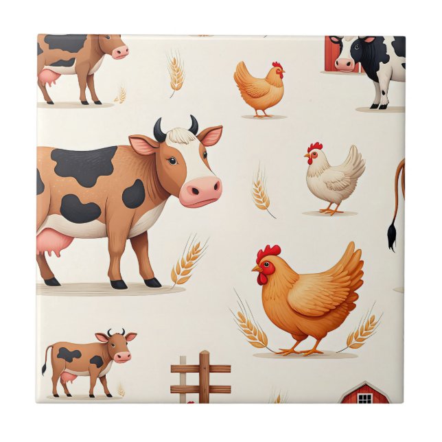 Cute Farm Animals Barn Pattern Ceramic Tile (Front)
