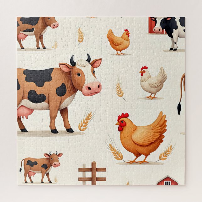 Cute Farm Animals Barn Pattern Jigsaw Puzzle (Vertical)