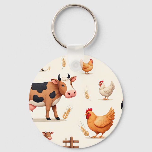 Cute Farm Animals Barn Pattern Keychain (Front)