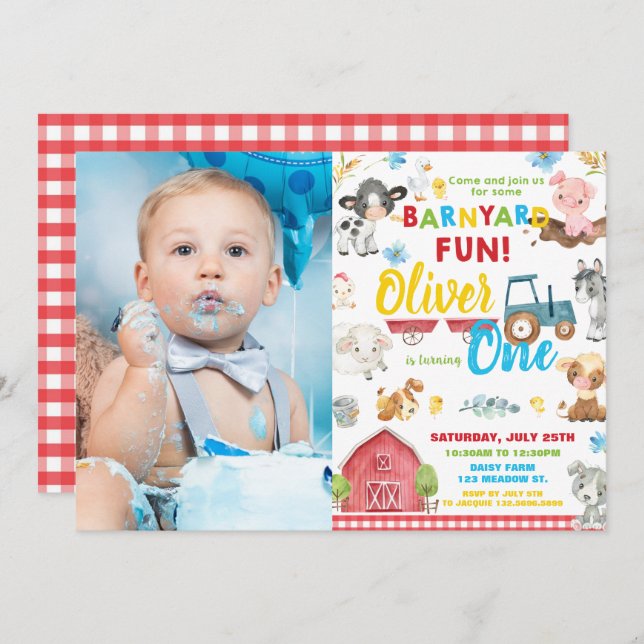 Cute Farm Animals Barnyard 1st Birthday One Photo  Invitation (Front/Back)