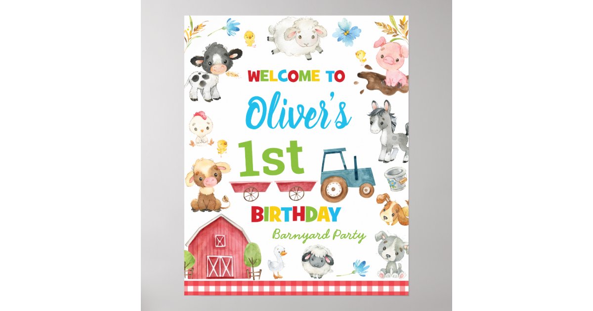 Cute Farm Animals Barnyard 1st Birthday Welcome Poster | Zazzle