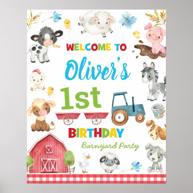 Cute Farm Animals Barnyard 1st Birthday Welcome  Poster (Front)