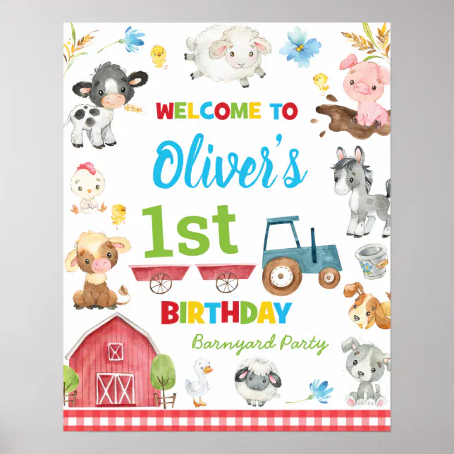 Cute Farm Animals Barnyard 1st Birthday Welcome Poster | Zazzle