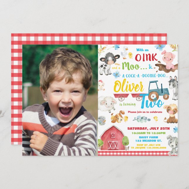 Cute Farm Animals Barnyard 2nd Birthday Two Photo Invitation (Front/Back)