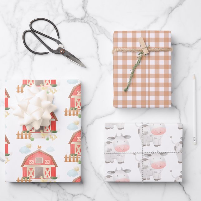 Cute Farm Animals Barnyard And Cow Birthday Wrapping Paper Sheets (Front)