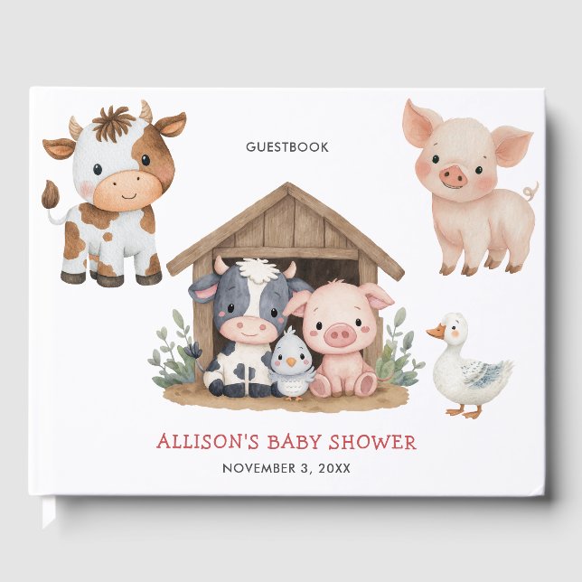 Cute Farm Animals Barnyard Baby Shower Guest Book (Front)