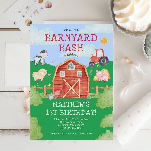 Cute Farm Animals Barnyard Bash 1st Birthday  Invitation