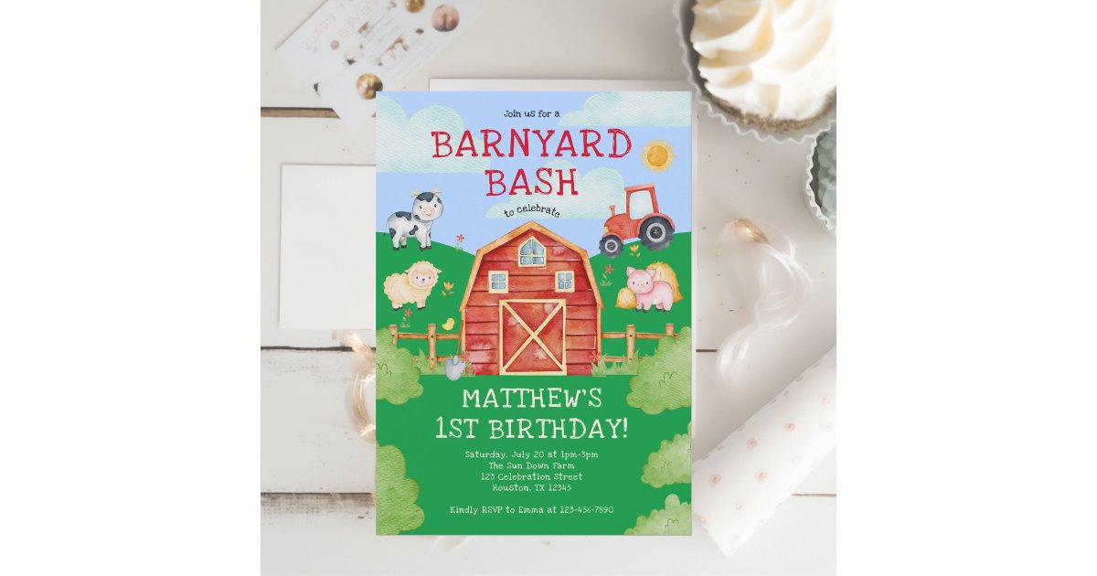 Cute Farm Animals Barnyard Bash 1st Birthday Invitation | Zazzle