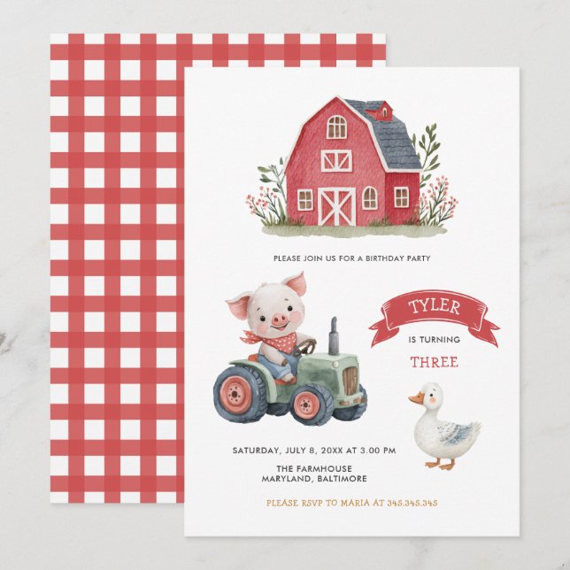 Cute Farm Animals Barnyard Birthday Party Invitation (Front/Back)
