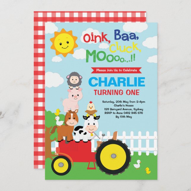 Cute Farm Animals Barnyard Birthday Petting Zoo Invitation (Front/Back)