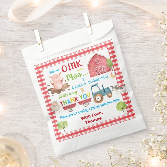 Cute Farm Animals Barnyard Birthday Thank You Favor Bag (Clipped)