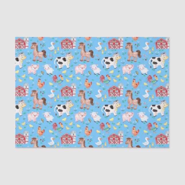 Cute Farm Animals Barnyard Blue Background Tissue Paper (Front)