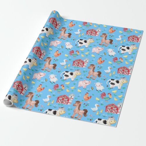 Cute Farm Animals Barnyard Blue Background Wrapping Paper