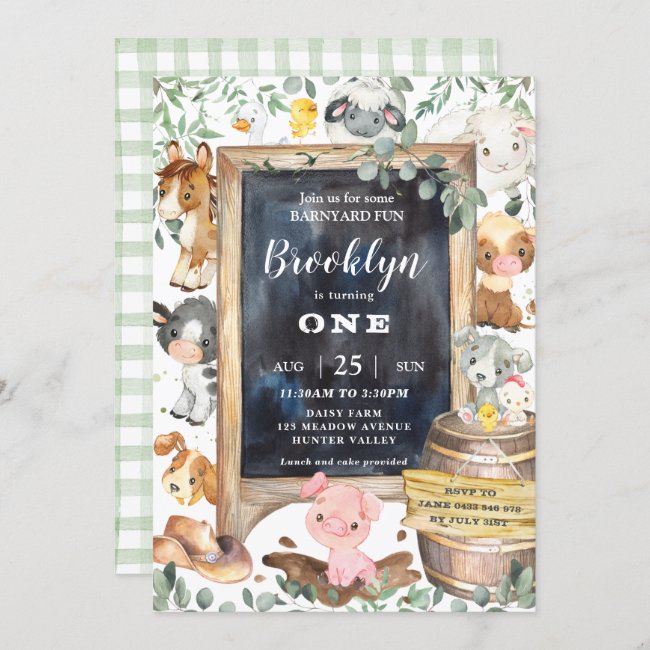 Cute Farm Animals Barnyard Chic Greenery Birthday Invitation