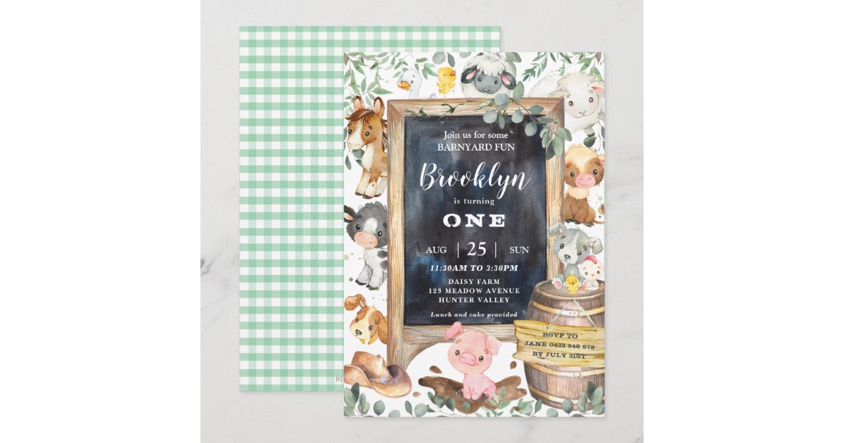 Cute Farm Animals Barnyard Greenery 1st Birthday Invitation | Zazzle
