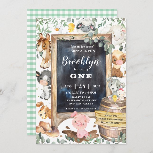 Cute Farm Animals Barnyard Greenery 1st Birthday Invitation (Front/Back)