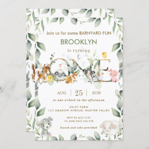 Cute Farm Animals Barnyard Greenery 1st Birthday Invitation