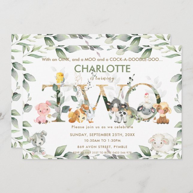 Cute Farm Animals Barnyard Greenery 2nd Birthday Invitation (Front/Back)