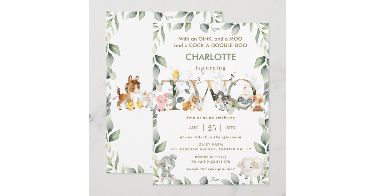 Cute Farm Animals Barnyard Greenery 2nd Birthday Invitation | Zazzle