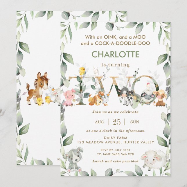 Cute Farm Animals Barnyard Greenery 2nd Birthday Invitation (Front/Back)