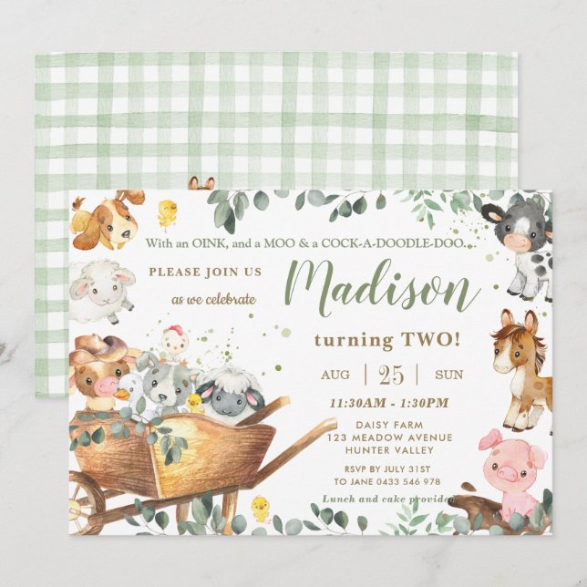 Cute Farm Animals Barnyard Greenery Birthday Invitation (Front/Back)
