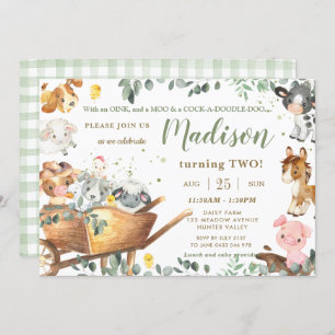 Cute Farm Animals Barnyard Greenery Birthday Invitation