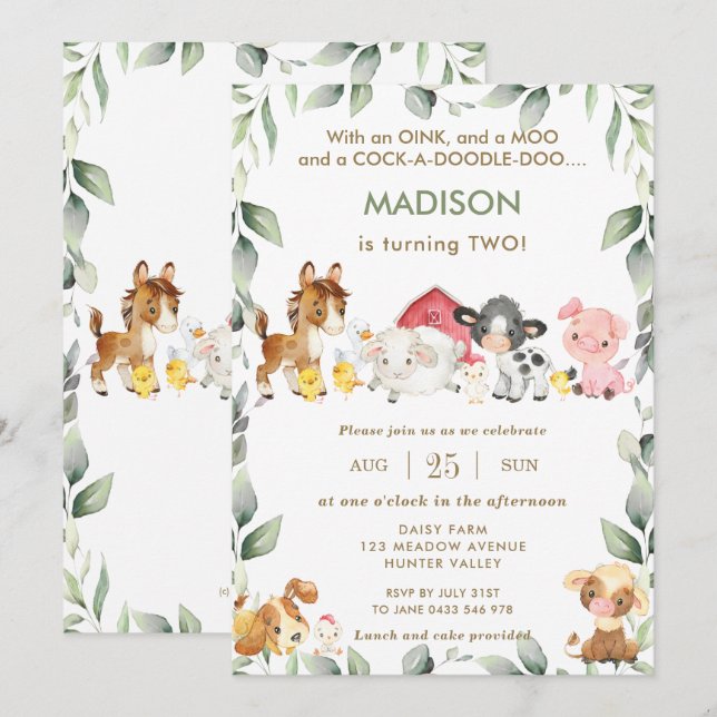 Cute Farm Animals Barnyard Greenery Birthday Invitation (Front/Back)