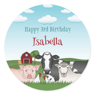 Cute Farm Animals Barnyard Kid's Happy Birthday Classic Round Sticker
