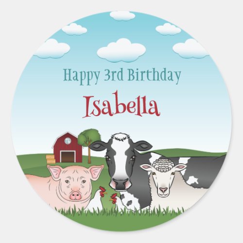 Cute Farm Animals Barnyard Kids Happy Birthday Classic Round Sticker