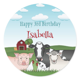 Cute Farm Animals Barnyard Kid's Happy Birthday Classic Round Sticker