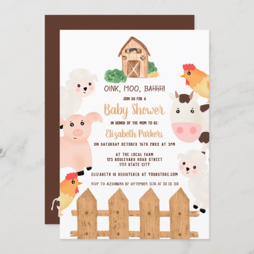 Cute farm animals barnyard neutral baby shower invitation