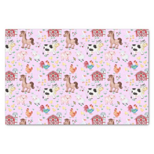 Cute Farm Animals Barnyard Pink Background Tissue Paper