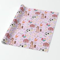 Cute Farm Animals Barnyard Pink Background Wrapping Paper