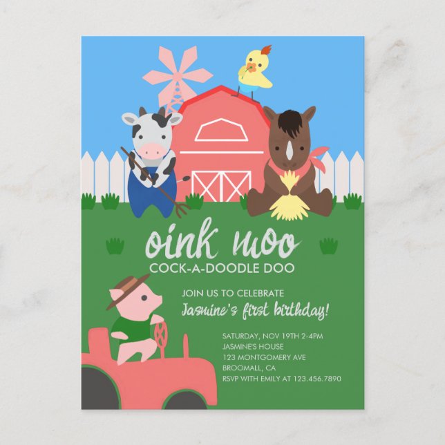 Cute Farm Animals Birthday Party Invitation Postcard (Front)