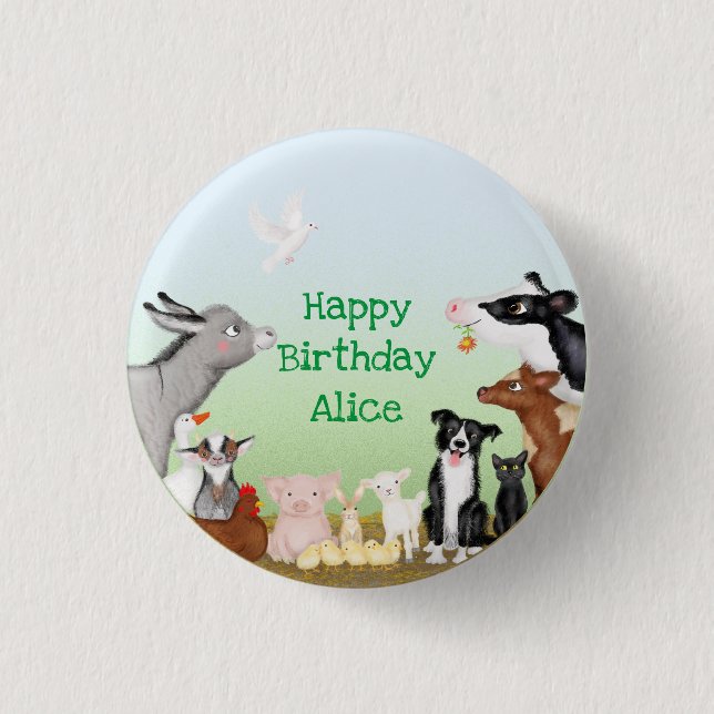 Cute farm animals birthday party round badge button (Front)